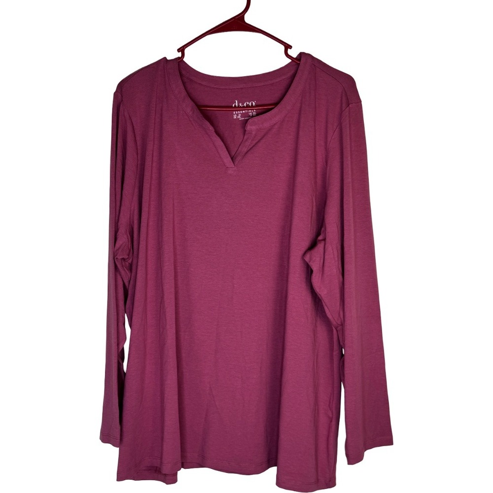 Denim & Co Essentials Top Womens 2X Pink Split‎ V-Neck Long Sleeve Tee A671599